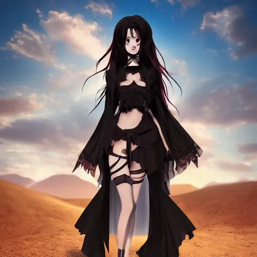 Image similar to a gothic anime girl in the middle of the desert, 4 k, digital art, trending on artstation, studio lighting, wide angle lens, 1 5 mm,