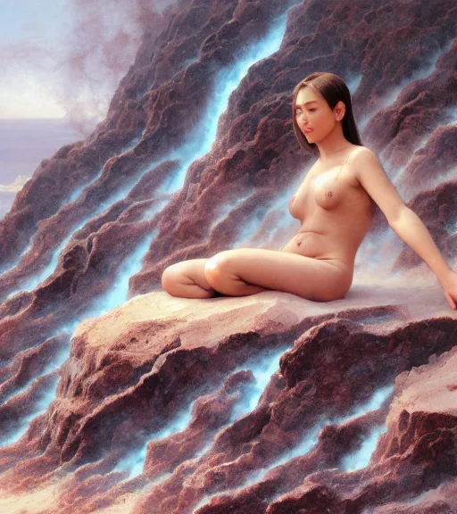 Image similar to close-up Lalisa Manobal bathing on Diamond Head volcano, thermal lava flowing down dark travertine terraces, intricate, elegant, luxurious, digital painting, concept art, smooth, sharp focus, from Star Trek 2021, illustration, by WLOP and Ruan Jia and Mandy Jurgens and William-Adolphe Bouguereau, Artgerm