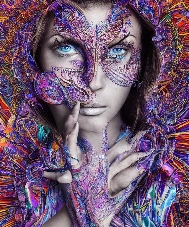 Prompt: A epic photo art of beautiful woman by Michael Sydney Moore, Alex Grey, hyper detailed, 50mm, award winning photography