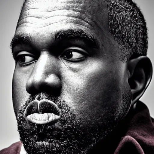 Image similar to the face of old kanye west wearing yeezy clothing at 5 8 years old, portrait by julia cameron, chiaroscuro lighting, shallow depth of field, 8 0 mm, f 1. 8