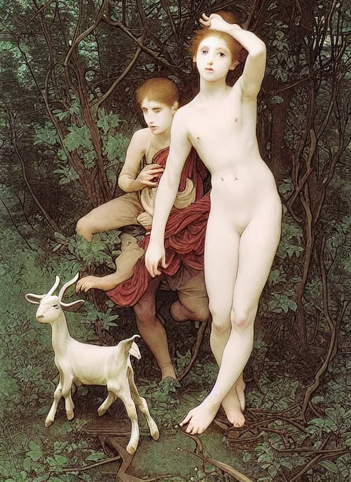 Image similar to boy and girl and a goat in a deep thorns bones bloody forest, by william-adolphe bouguereau and Takato Yamamoto, high resolution