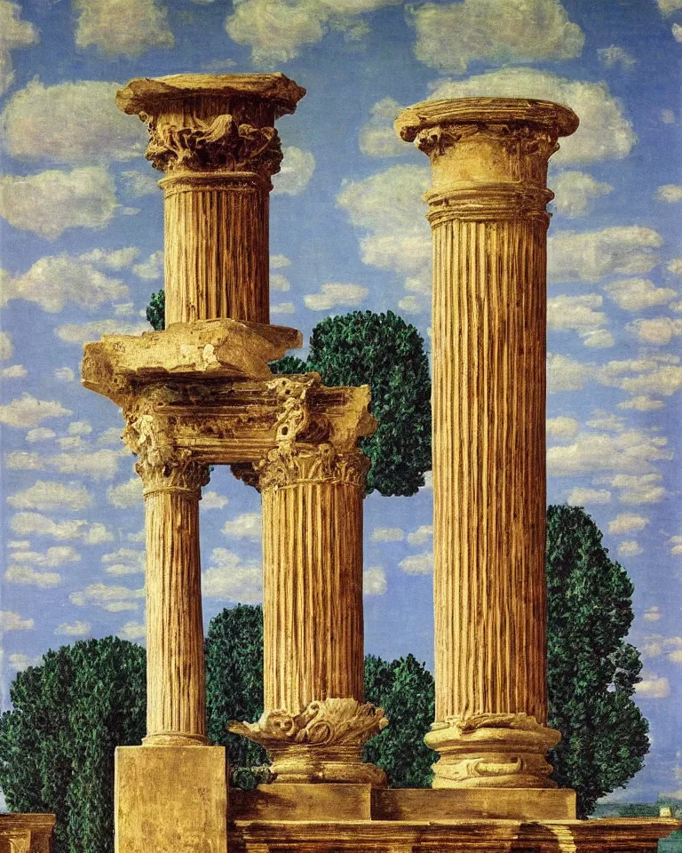 Prompt: achingly beautiful painting of intricate ancient roman corinthian capital on multicolored background by rene magritte, monet, and turner. giovanni battista piranesi.