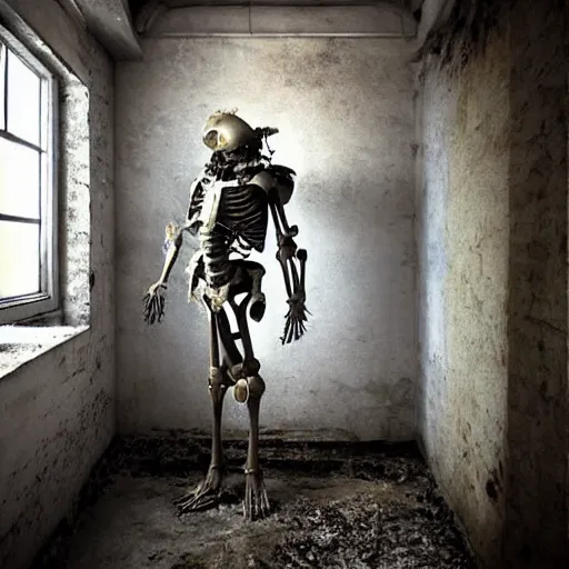 Prompt: a dusty skeleton!!!!! in ((((futuristic marine armour))) in a dusty brick room