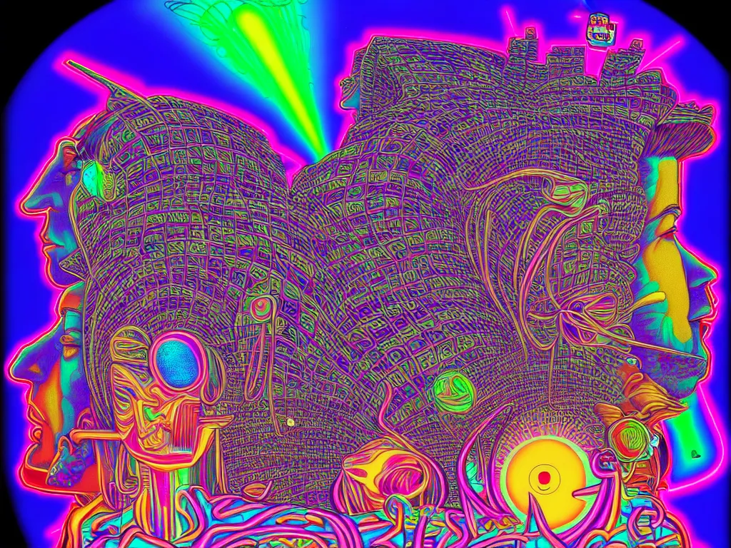 Image similar to house party, epic angle, happy, psychedelic, hip hop, surreal, neon, vaporwave, detailed, illustrated by Alex Grey, 4k