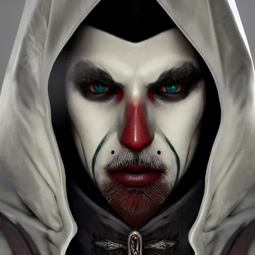 Prompt: a digital art close up portrait of hooded bard in style of d & d character, handsome warlock character sheet, light clown makeup, 4 k, ultra detail, volumetric lighting, unreal engine, octane render, grimdark