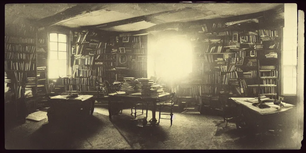 Image similar to 1880, inside a writer room, many books, piles of books, beautiful light, long shadows, 50 mm lens, polaroid photo, yellowed, crackles, scratches, dust, stains