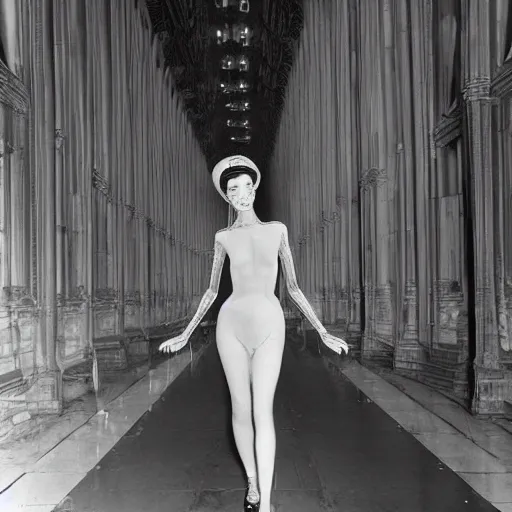 Prompt: a highly detailed unreal engine symmetric portrait of a long legged freaky goddess in a latex dress in an endless galaxy, henry cartier bresson