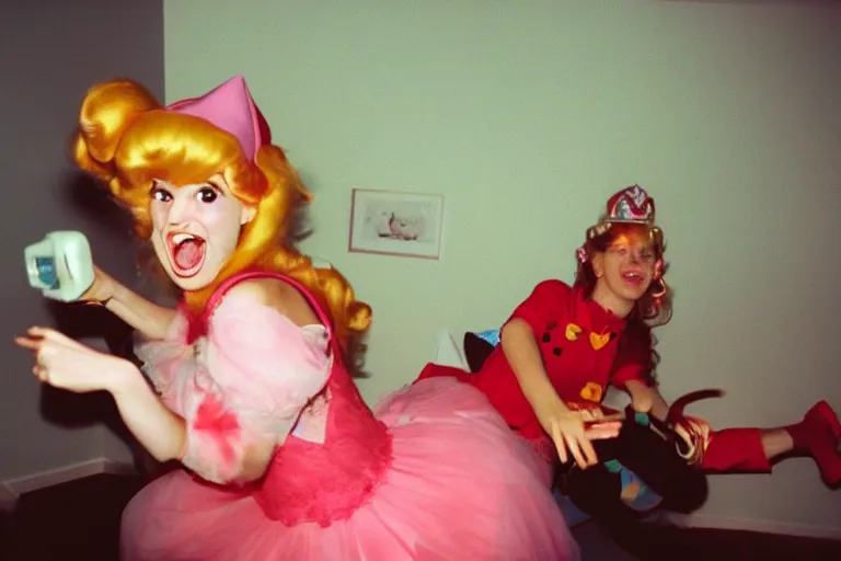 Image similar to a funny unexpected photo made with a disposable camera of a real life Princess Peach having fun in my livingroom, in color