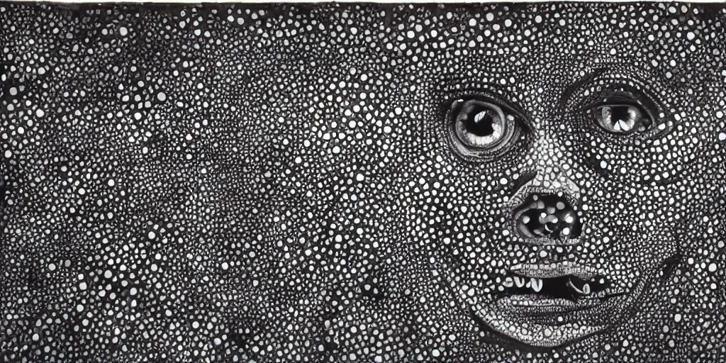 Image similar to camo made of eyes, technical, acrylic, teeth, eerie, tribal, clay, dotting, lines, stipple, points, cybernetic, style of old painting, francis bacon art, swirly eyes, hypnosis, eerie, terror, oil, neon, black and white, splotches, colorful dots, ominous,