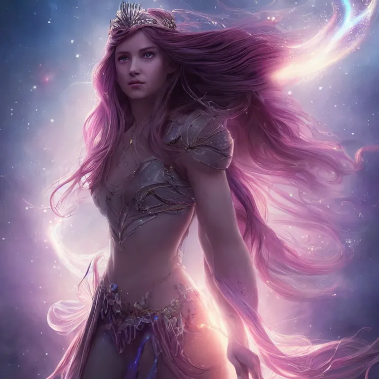 Image similar to beautiful cinematic fantasy poster, a long shot of a beautiful princess like a disney princess hybrid with flowing illuminated hair, beautiful glowing galaxy eyes, full subject in frame, wideshot ultrawide angle epic scale, hybrid from The Elden Ring and art direction by Darius Zawadzki ;by artgerm; wayne reynolds art station, coherent body and limbs; cinematic quality character render; low angle; ultra high quality model; production quality cinema model;