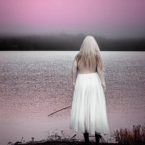 Prompt: a soaking wet ghostly woman in a white dress dancing in a quiet misty lake, high resolution photograph, late autumn, sunset, eerie light