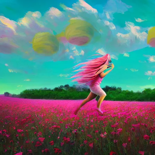 Image similar to giant rose flower head, full body girl running through a flower field, surreal photography, sunrise, dramatic light, impressionist painting, colorful clouds, digital painting, artstation, simon stalenhag