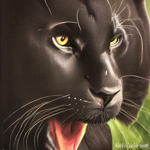 Image similar to oil on canvas of one beautiful majestic black panther. beautiful. mysterious. intricately detailed. meticulously rendered. background is a jungle. 8 k hd. trending on art station. h 7 6 8