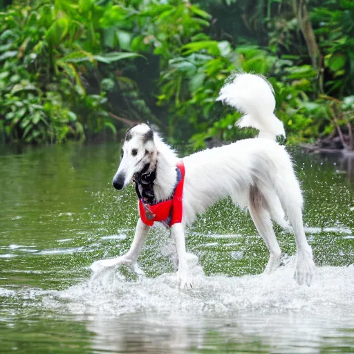 Image similar to photo of borzoi dog wearing diving gear swimming in the amazon rainforest, 4k award-winning animal photography