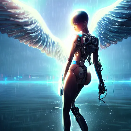 Prompt: a beautiful cyborg - angel girl!! standing on a lake, rainfall, biomechanical details, digital cyberpunk anime art, full body shot!!, reflections, lens flare, promotional poster, wlop!!, ilya kuvshinov, artgerm, krenz cushart, greg rutkowski