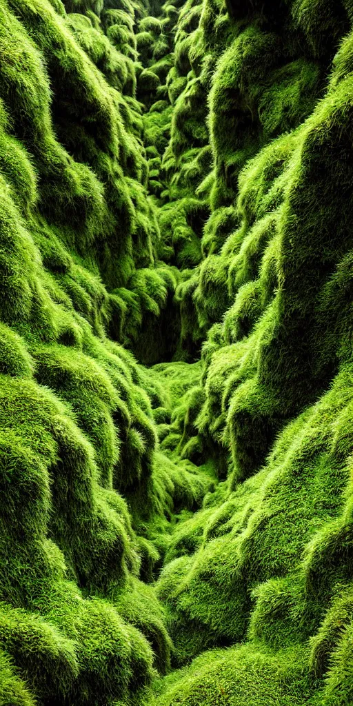 Prompt: dream looking through, a hyper realistic photograph fertile, lush mossy ferns canyon, ferns, minimalist structure, misty, raining, icelandic valley, in the style of reuben wu, roger deakins