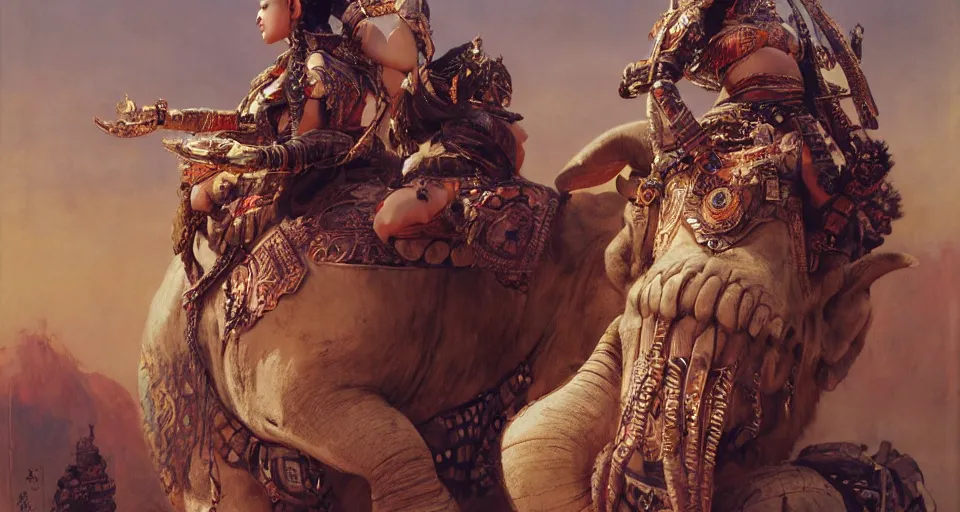 Image similar to portrait of the ethnic asian female wearing tribal armor, sitting on top of a war elephante poses by gaston bussiere, anna nikonova aka newmilky, greg rutkowski, yoji shinkawa, yoshitaka amano, tsutomu niehi