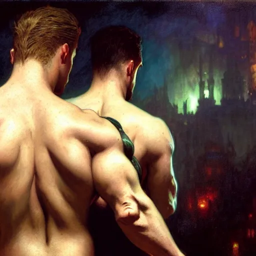 Prompt: back tattoo of albert wesker and chris redfield, by gaston bussiere, craig mullins, greg rutkowski, alphonse mucha