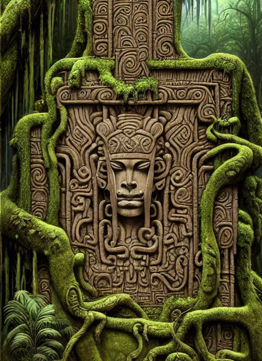 Prompt: inca temple stone carvings lost in the jungle, intricate, mossy, overgrown, elegant, highly detailed, centered, digital painting, artstation, concept art, smooth, sharp focus, illustration, artgerm, tomasz alen kopera, peter mohrbacher, donato giancola, joseph christian leyendecker, wlop, boris vallejo