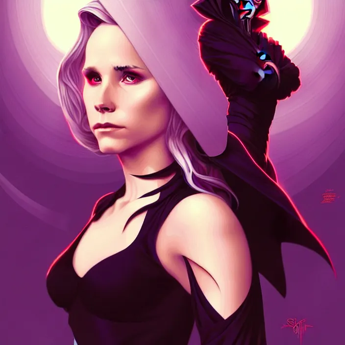 Image similar to style artgerm, joshua middleton, gerald brom, beautiful kristen bell with black dress, very long white hair, symmetrical face, symmetrical eyes, purple fire powers fire swirling, detailed, forest setting, cinematic lighting