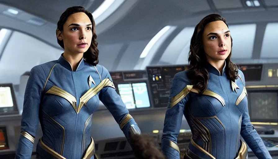 Image similar to Gal Gadot, in full starfleet uniform, is the captain of the starship Enterprise in the new Star Trek movie