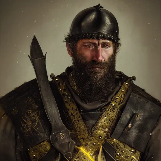 Prompt: Closeup of frustrated male medieval sergeant with a {short} beard wearing a {black!!!! and yellow tabard} over a steel breastplate and a black gambeson looking up from a map on a table, intricate, dramatic lighting illustration by Greg Rutkowski, {perfect face}, {perfect eyes}, ArtStation, digital art, fantasy