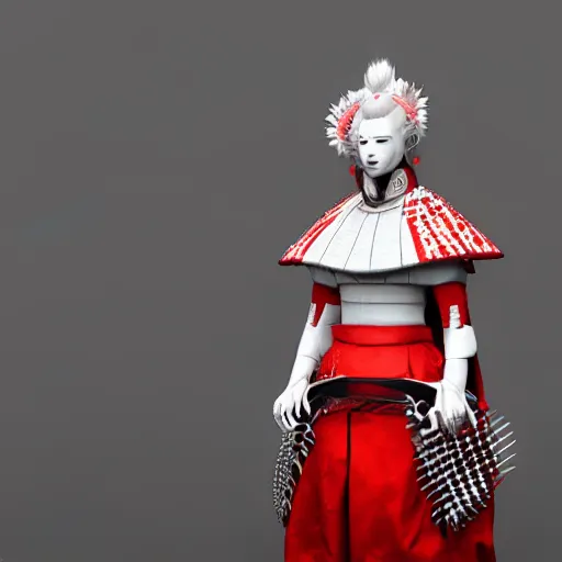 Prompt: beautiful albino maiko samurai armor, photograph, award wining, red and white, trending on artstation, punk attitude, 4k, unreal engine 5, octane render, neon highlights