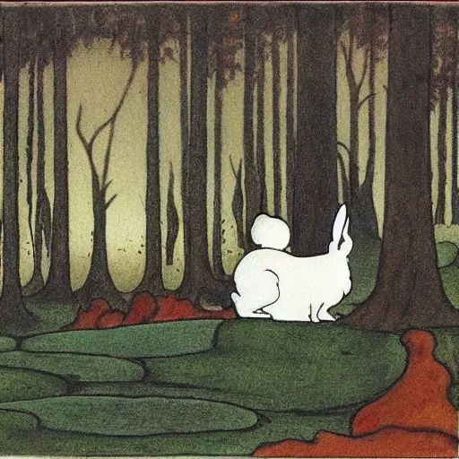 Image similar to a white rabbit in a forest, a pond in the foreground, in the style of John Bauer