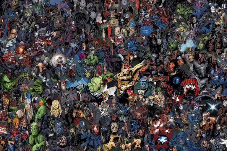 Prompt: VFX movie portrait closeup DC vs. Marvel horde by Emmanuel Lubezki