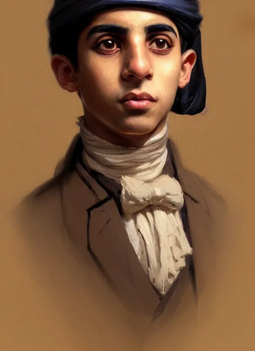 Image similar to a portrait of an egyptian boy with a crooked nose in victorian clothing, confident pose, intricate, elegant, sharp focus, illustration, highly detailed, concept art, matte, trending on artstation, anime, art by james jean and artgerm and brian despain and alberto mielgo, greg rutkowski, wlop, ilya kuvshinov, strong strokes