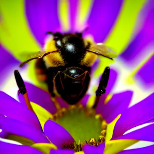 Prompt: macro shot of a robotic bee resting on a flower, global illumination