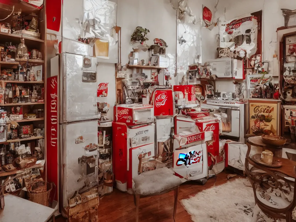 Image similar to a photo of a room with excellent interior design, natural light, some dappled light, vintage coca cola refrigerator