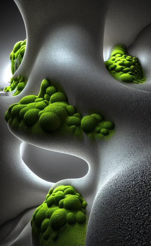 Image similar to highly detailed ultra sharp 3 d render cinematic composition of a smooth ceramic porcelain biomorphic magnolia stone nebula fluid fractal sci - fi surreal architecture landscape, granite, metallic, magnesium, marble, moss and lichen, vincent callebaut composition, mamou - mani, archviz, beautiful lighting, 8 k, unreal engine, hdr,