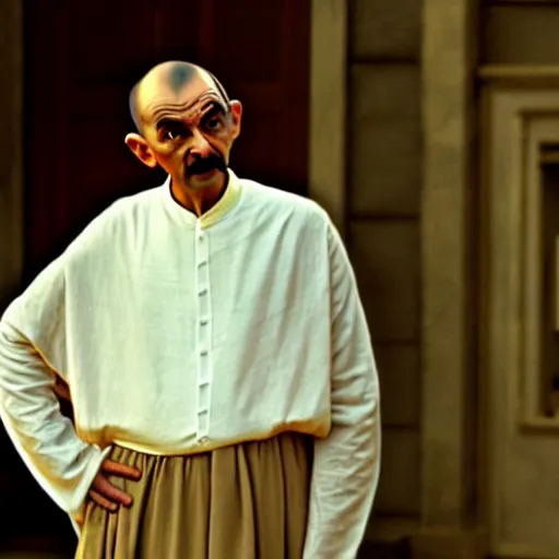 Prompt: mr. bean as mahatma ghandi. movie still. cinematic lighting.