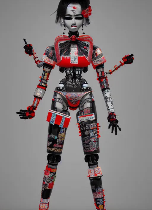 Image similar to full body photo of a punk geisha robot with kanji tattoos and decals wearing a digital pixelated kimono, intricate design, photo - realistic, octane render, ultra fine detailed, character design, trending on artstation