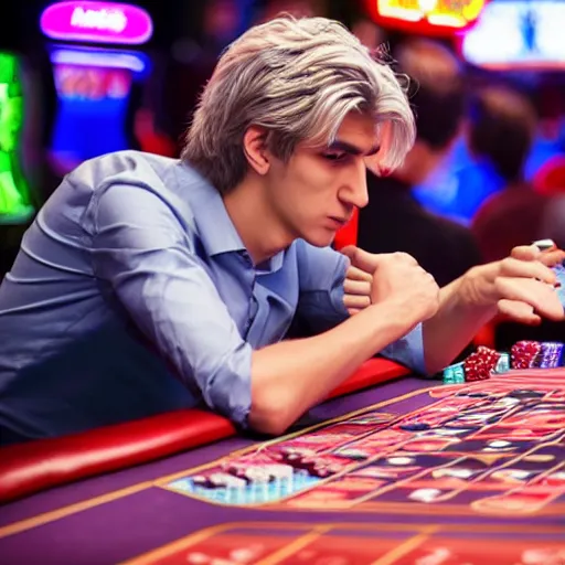 Image similar to handsome xqc gambling : : realistic : : 1 dslr : : 1 - - quality 2