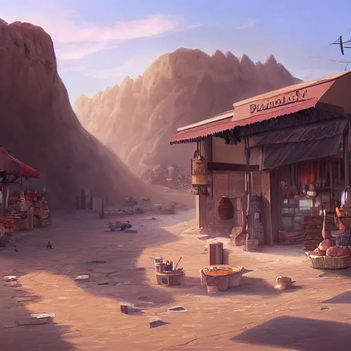 Image similar to matte painting of a quiet marketplace in a desert town, artstation