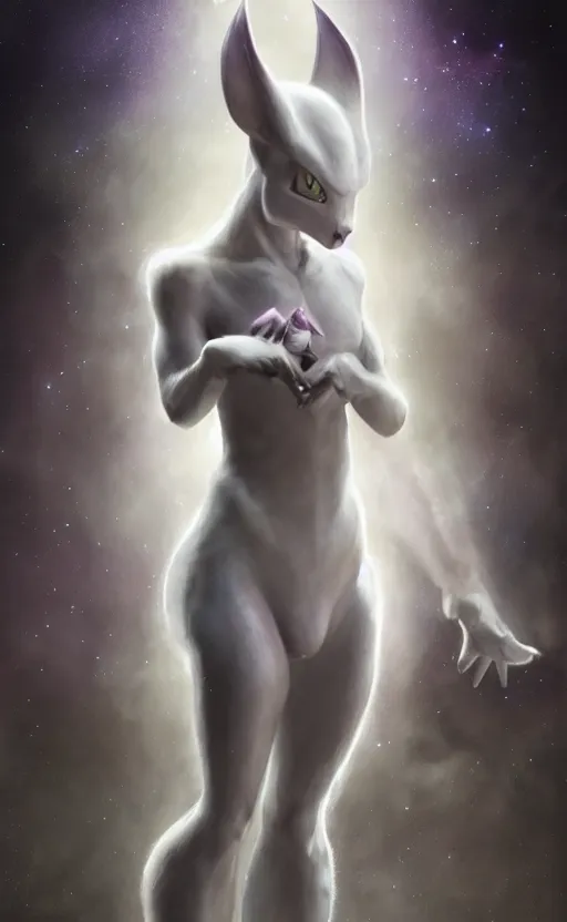 Image similar to a girl from final fantasy live action, cosplaying as mewtwo, evocative, mystical night, very very very very detailed, award winning, masterpiece digital painting by greg rutkowski, alex grey, artstation, 4 k wallpaper