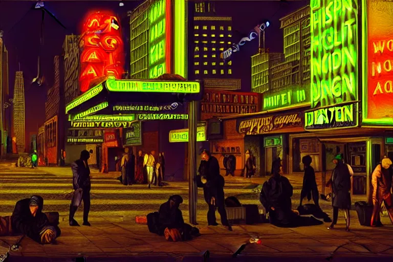 Prompt: desolate iridescent american city with neon signs & homeless people in caravaggio style hyperrealistic