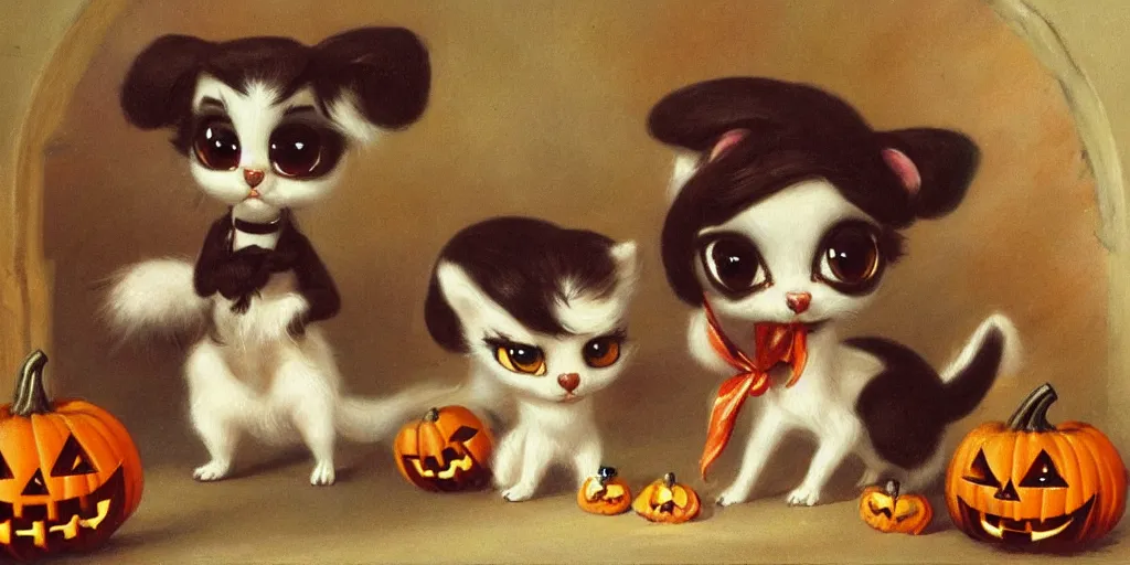 Prompt: 3 d littlest pet shop animal, vintage royalty, antique perfume, playful, halloween, night, master painter and art style of noel coypel, art of emile eisman - semenowsky, art of edouard bisson