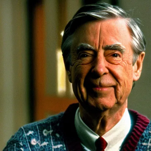 Prompt: Mr. Rogers in a bloodstained sweater, movie still from Kill Bill (2003)