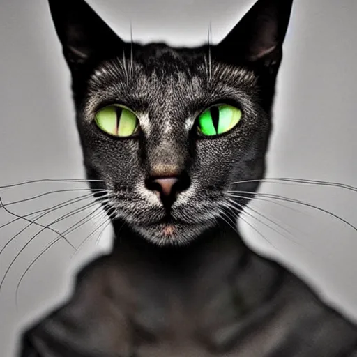 Prompt: realistic photo portrait of a cat cosplaying as a human, cat with human face, human eyes, human lips, cat's face?