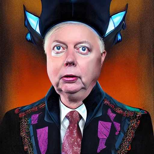 Image similar to portrait of lindsey graham dressed like a court jester. highly detailed, digital painting, cinematics, hyper realistic. dark retrowave. by stanley lau, villeneuve