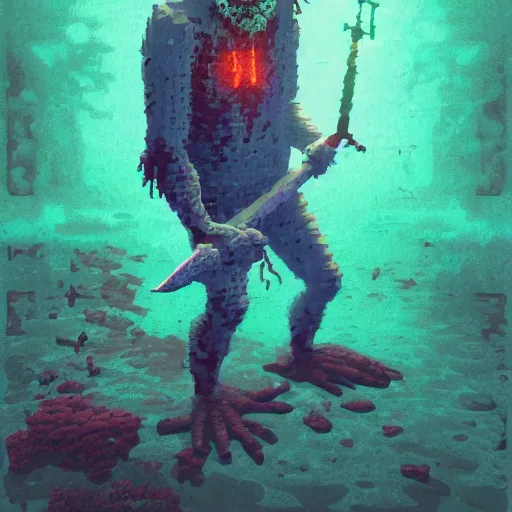 Prompt: voxel painting by greg rutkowski of a drowned zombie holding a trident with glowing cyan eyes, wearing ragged clothing, holding a trident, underwater, pastel green and blue color palette