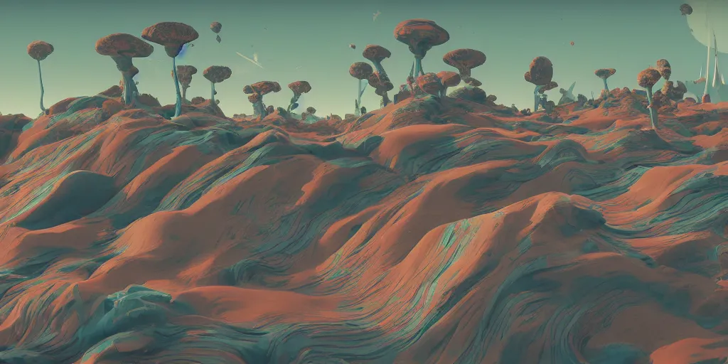 Image similar to abstract 3d landscape painting at noon painted by james jean and zaha hadid in no mans sky style, redshift, octane