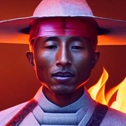 Image similar to cinematic film still Pharrell Williams starring as a Samurai holding fire, Japanese CGI, VFX, 2003, 40mm lens, shallow depth of field,film photography