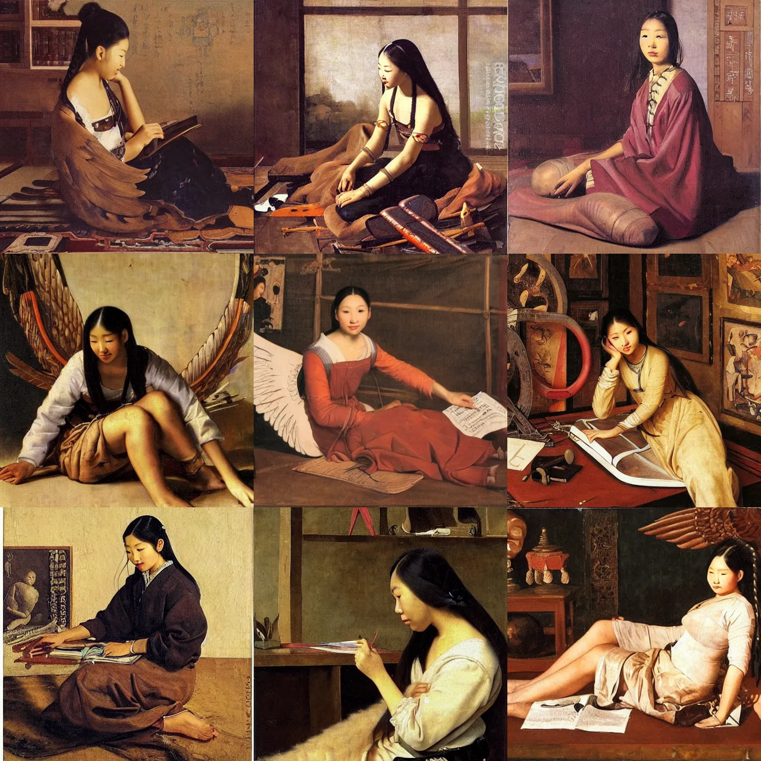 Prompt: A beautiful young Asian woman with long braids and wooden wings sitting on the floor, surrounded by ancient airplane models, and trying to study, oil painting by Diego Velázquez