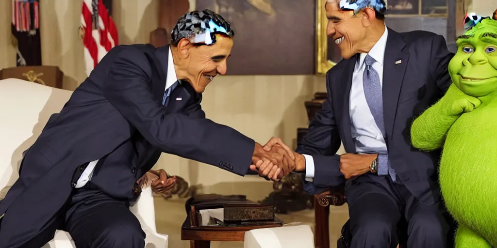 Image similar to A photo of a handshake between barrack obama and shrek inside the white house