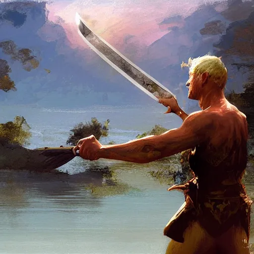 Image similar to a digital painting of a hand holding a sword emerging from a lake by james gurney, craig mullins and frank frazetta