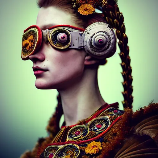 Prompt: Colour aesthetic Caravaggio style full body Photography of Highly detailed beautiful Woman with 1000 year detailed face and wearing detailed Ukrainian folk costume also wearing highly detailed retrofuturistic sci-fi Neural interface designed by Hiromasa Ogura . Many details In style of Josan Gonzalez and Mike Winkelmann and andgreg rutkowski and alphonse muchaand and Caspar David Friedrich and Stephen Hickman and James Gurney and Hiromasa Ogura. Rendered in Blender and Octane Render volumetric natural light